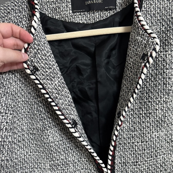 Zara Blazer Jacket M Black Red Tweed Fringe Classic Career Work Office Preppy - Picture 7 of 11